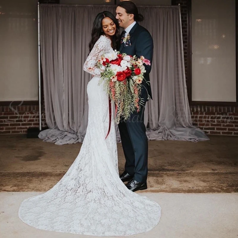 2019 V-Neck Bohemian Romantic Lace Casual Beach Wedding Dresses Long Sleeves Classic Boho Styling Modern Bridal Gowns AX197 | Свадьбы и