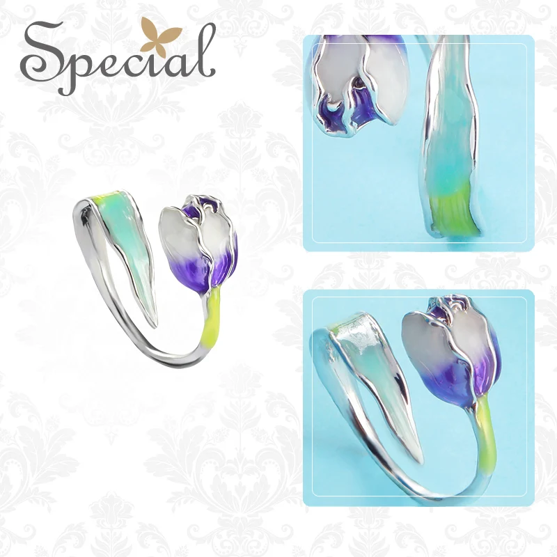 Кольцо женское эмалированное с цветком и тюльпаном S1720R|jewelry gift|ring sizeopen ring |