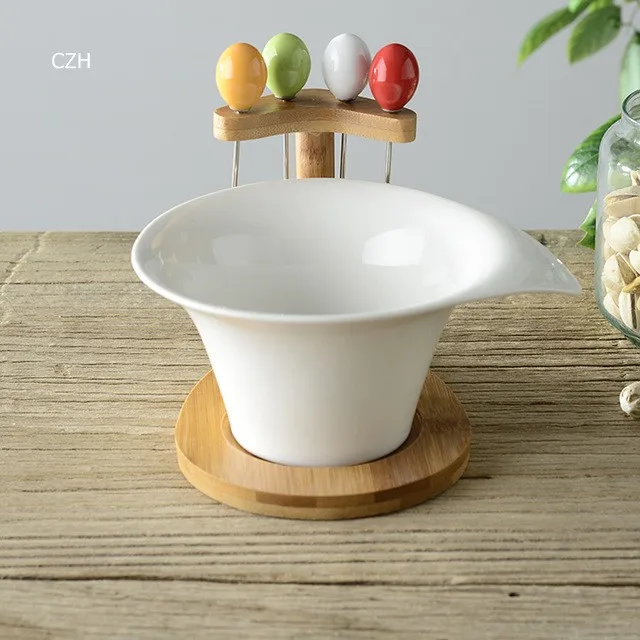 suporte de bambu decorativo porcelana frutas e