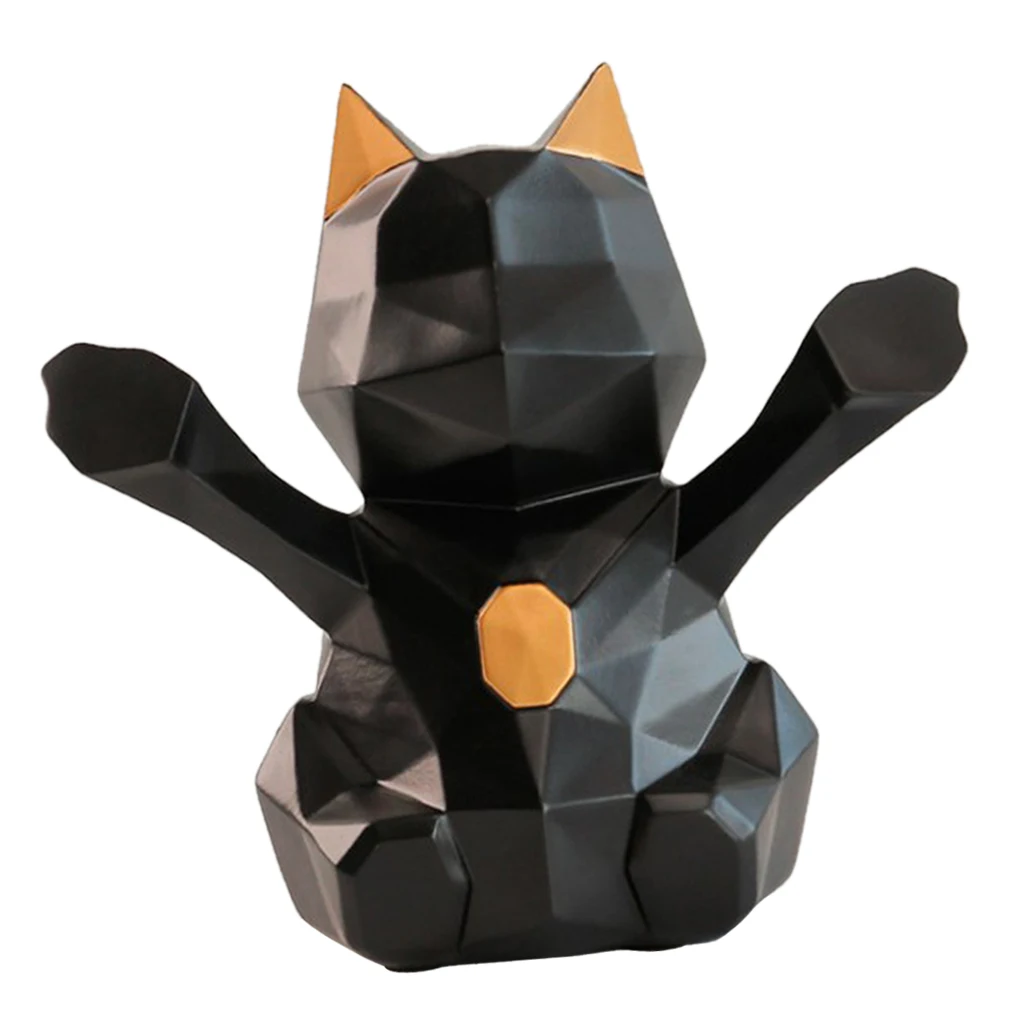 3D Abstract Art Geometric Fortune Lucky Cat Sculpture Resin Animal Statue Figurines Feng Shui Decor