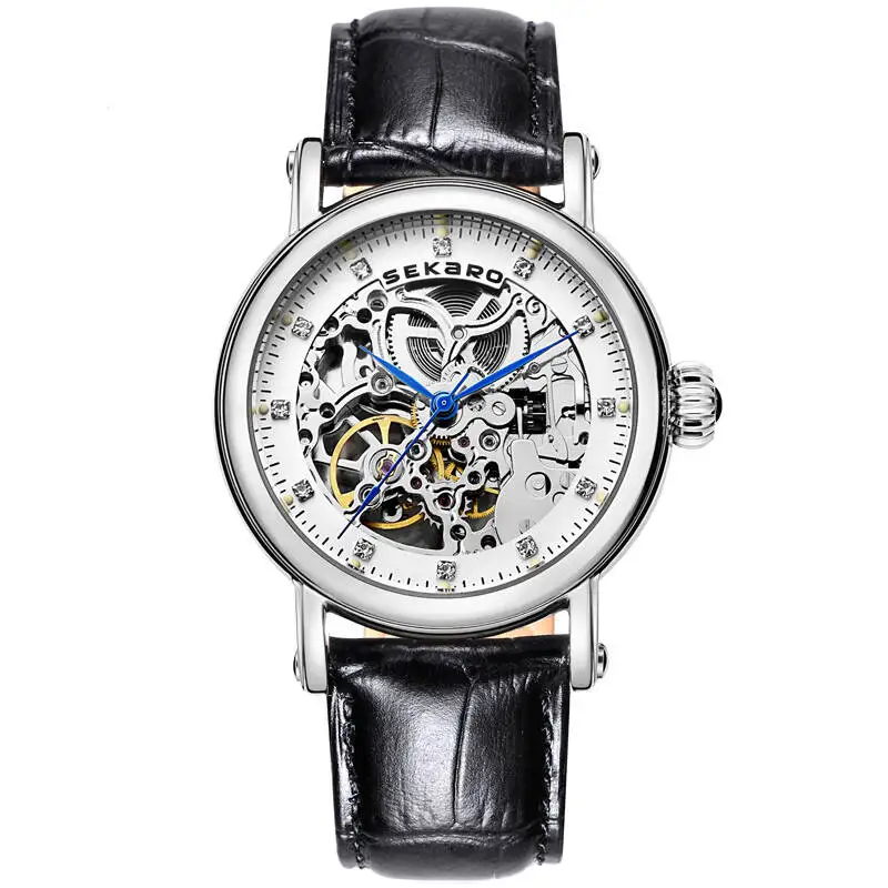 

SEKARO 8016 Switzerland watch women luxury brand skeleton automatic mechanical Baroque art carvings fashion trend black Calfskin