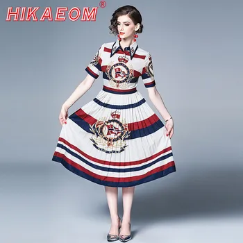 

Women Summer Pleated Dresses New Lapel Turn-down Collar Short Sleeve High Waist Thin Rushed Mid-length Dress 2019