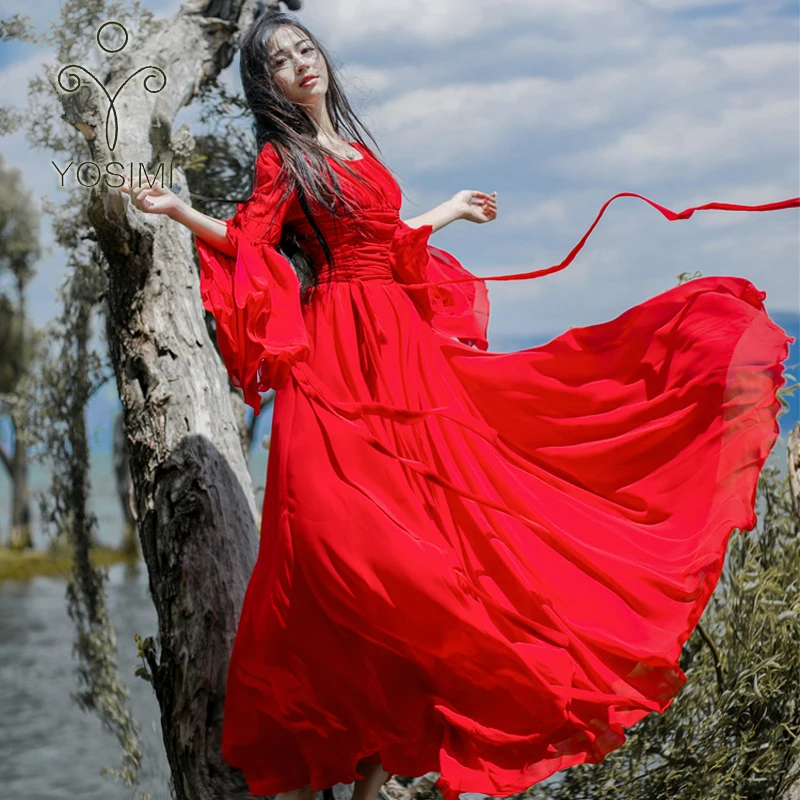 YOSIMI, летнее платье макси, элегантное, белое, шифоновое, длинное, женское платье, вечерние, с круглым вырезом, красная бабочка, длинный рукав, женское платье