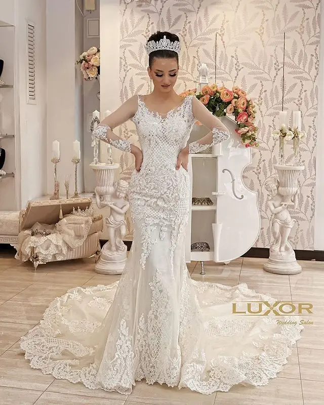 as pic Wedding Dress Hot Sale Mermaid Train Lace Appliqued Long Sleeve Scoop Wedding Bridal Gowns vestido de noiva - Цвет: as pic