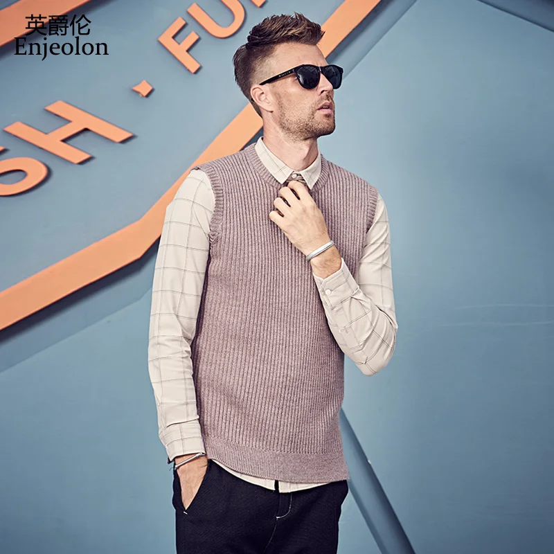 

Enjeolon brand spring knitted pullover vest Sweaters man o neck sleeveless sweater men 3XL solid pullover wool sweater MY3243