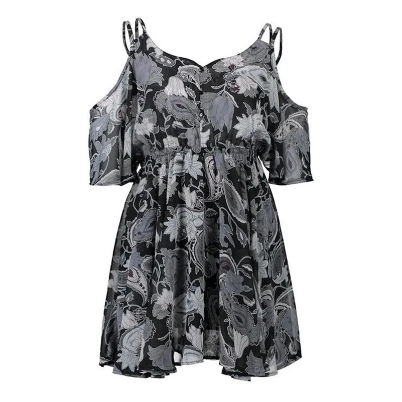 Casual Beach Dress Cold Shoulder ruffle print Summer dresses women High waist strap chiffon beach dress Boho party sexy dresses (17)