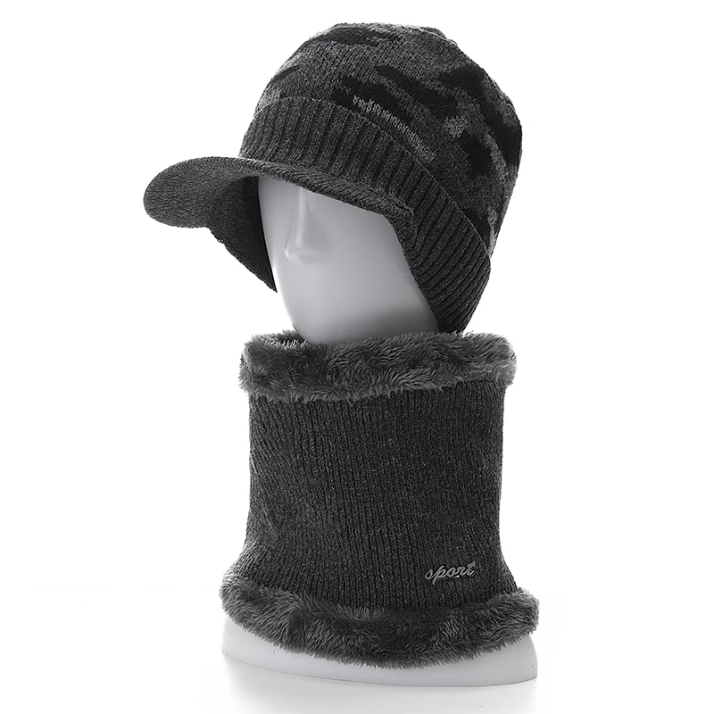 Новые камуфляжные зимние шапки, модная зимняя вязаная шапка, шарф, набор для мужчин и женщин, шерстяной козырек, шапочки, шапка, теплая шапка