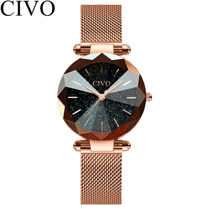 CIVO, роскошные часы с кристаллами, женские модные кварцевые часы с золотым сетчатым ремешком, Лидирующий бренд, водонепроницаемые часы, подарок для жены, Relogio Feminino - Цвет: mesh rosegold 8074