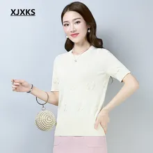 XJXKS хлопок и лен трикотажные женские топы camisetas verano стрейч уличная Новое поступление женские футболки