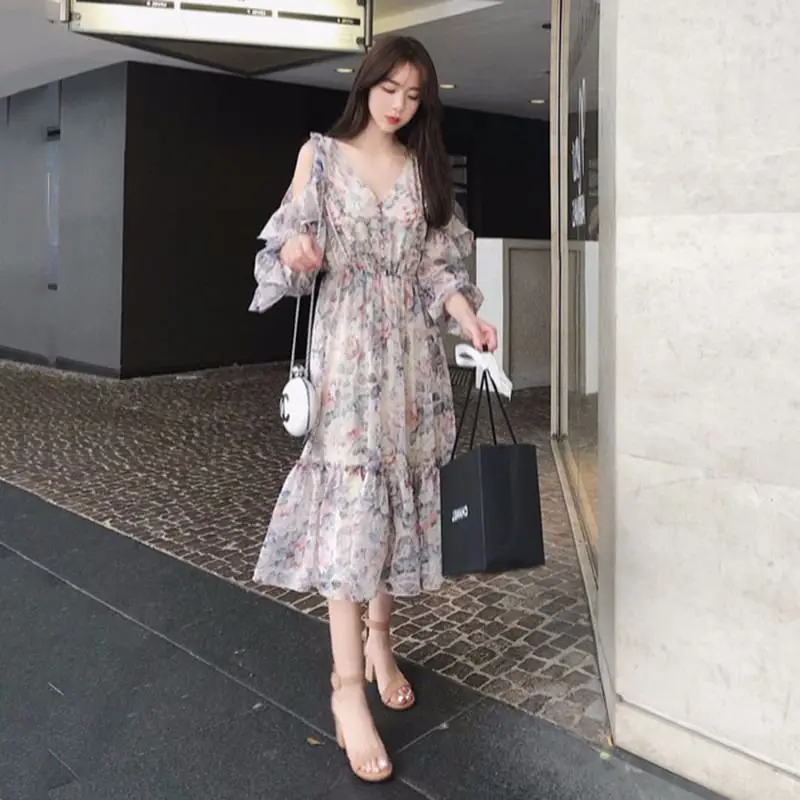 

2019 Summer Women Floral Print Chiffon Dress Female Cascade Ruffles Sleeve Dresses Lady Off Shoulder Plus Size 5XL Vestidos Y155