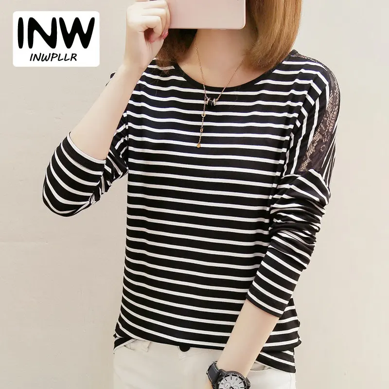 

Tshirt Femme 2019 Autumn Striped T-Shirts Black Lace Patchwork Tops Tees O-Neck Long Sleeve Womens T-Shirt Casual Cotton Poleras