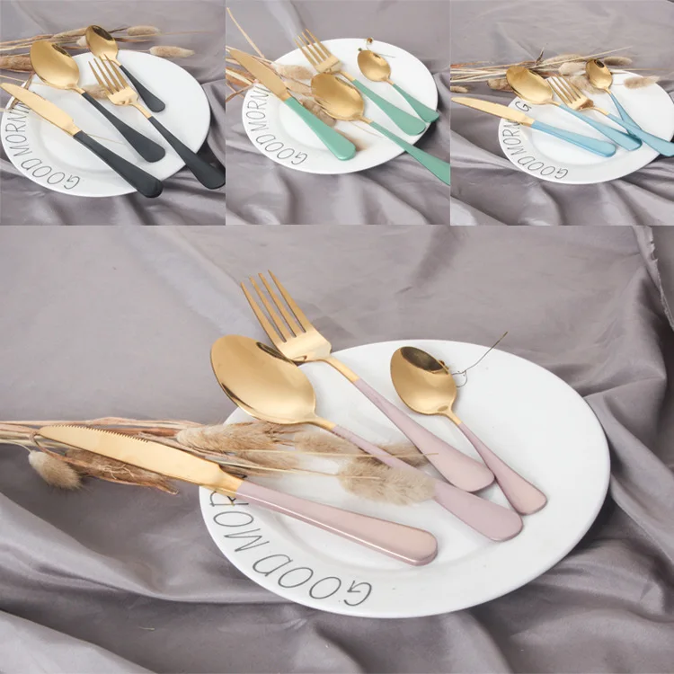 Набор посуды столовые приборы из нержавеющей стали, набор черных ножей, вилки, столовые наборы, золотой, синий, мятный, кухонные изделия в западном стиле, 4 шт
