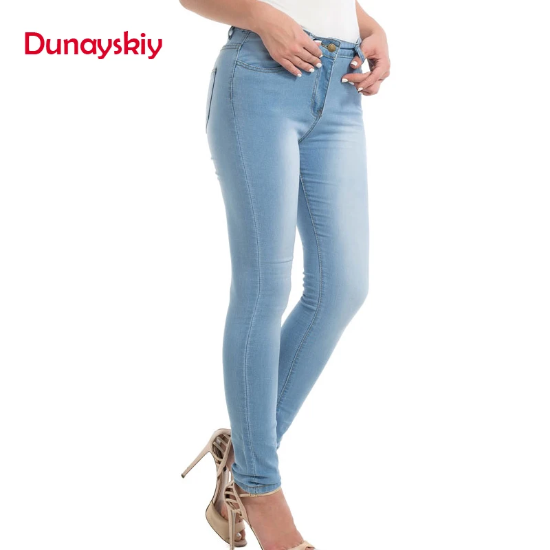 

Spring Autumn New Fashion Female Clothing Skinny Slim Sky Blue Mid Waist Denim Jeans Bleached Casual Basic Pencil Pants Trousers