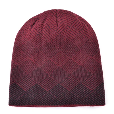 Шапка зимняя мужская вязаные мужские повседневные чеканки клетчатые горры теплые толстые двухслойные шапка бини шапки теплая - Цвет: Red