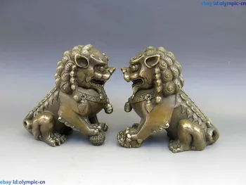 

China Feng Shui Brass copper town house Foo Dogs Lion Pair Sculpture Statue