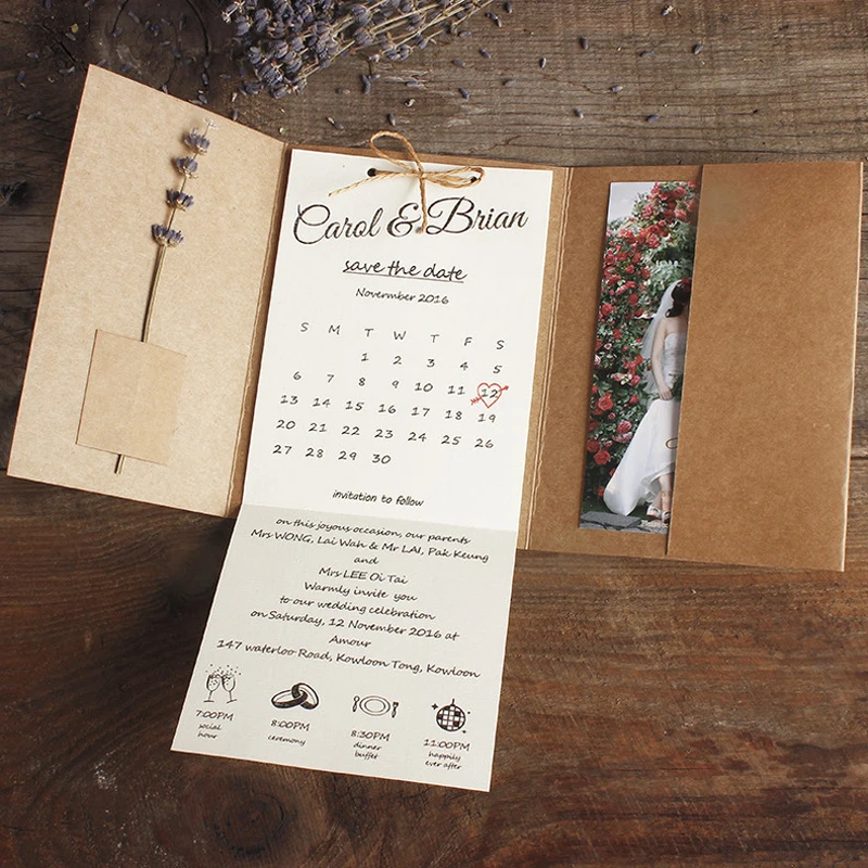 Kraft Pocket Wedding Invitations Rustic Wedding Invites Custom Wording Print - Set of 50 pcs - 32846339094
