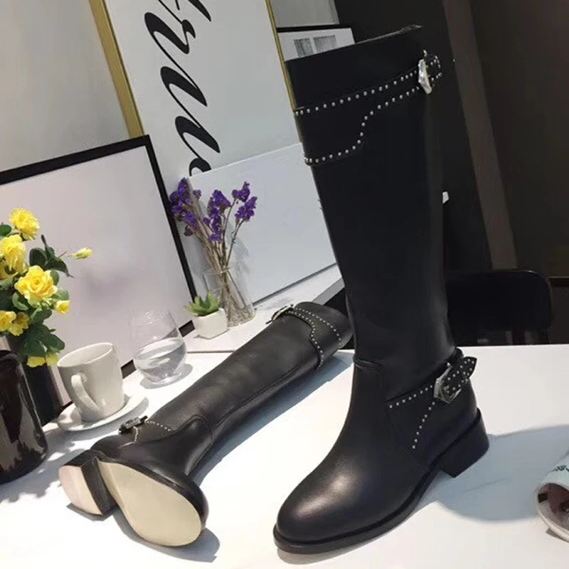Genou Bottes Ceinture Long Silla Bas Haute Rond Dirigeants En Véritable Talons black Short Cuir Boucle Moto Chevalerie Métal Bout Femmes De Black 35uKJF1Tlc