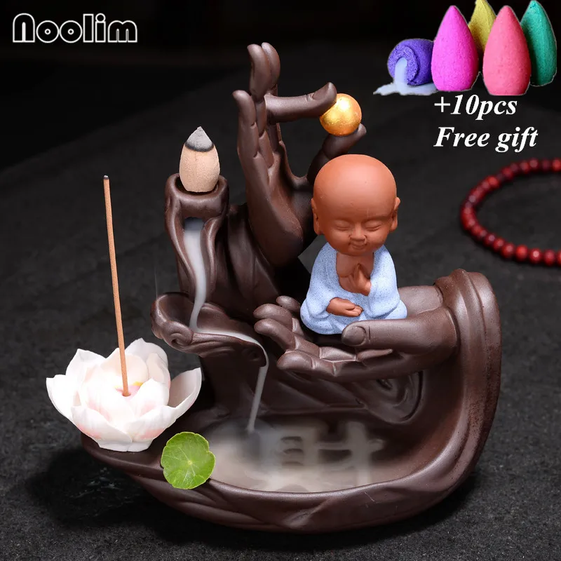 

Big Size Zen Buddha Hand Lotus Backflow Incense Burner Purple Clay Lotus Incense Stick Holder Censer Home Decor+10pcs Free Cones