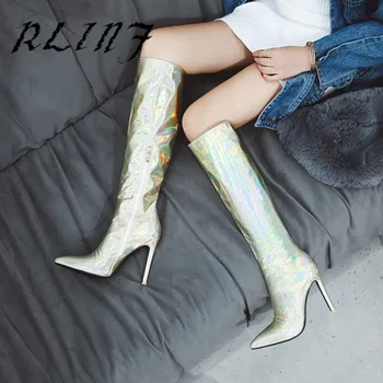 

RLINF New Stiletto High Heel High Tube Long Tube Gold and Silver Women's Boots
