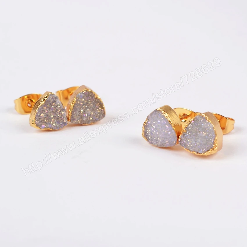 

BOROSA 8mm Gold Color Triangle Natural Crystal Titanium AB Druzy Stud Earrings g0682