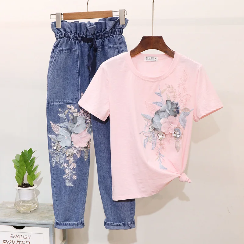 

russia High Quality Women Two Piece Set 2019 New Fashion Embroidery Sequins Harajuku Suit Stereo Flowers Sweet Style Women suit