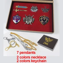 Anime 6pcs/set Legend of Zelda Link Shield Links Sword Weapons Metal Necklace Pendant keychain chain Keyrings in Pretty Gift Box