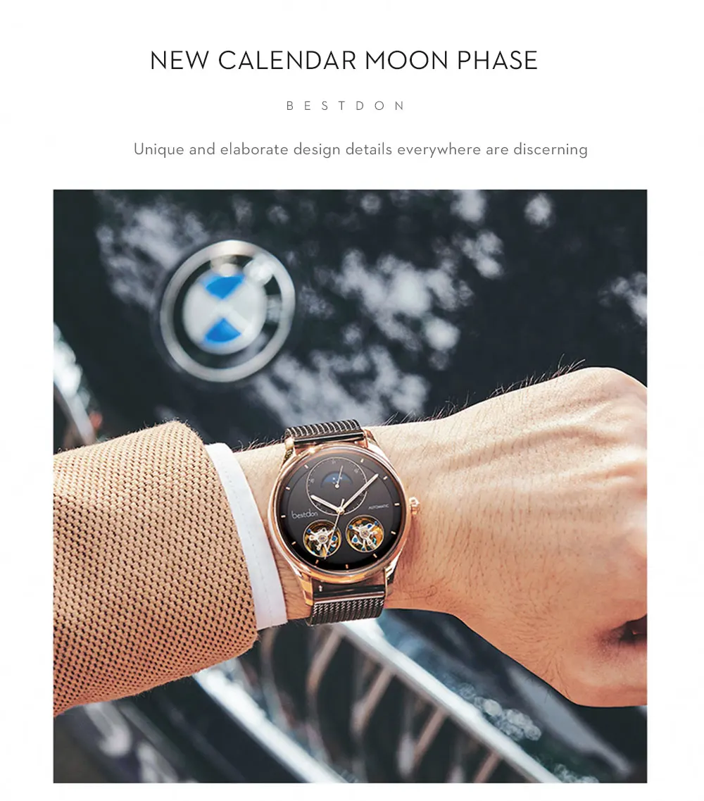 Bestdon двойной турбийон мужские часы модные автоматические механические часы Moon Phase из нержавеющей стали Switzerland люксовый бренд