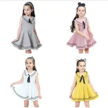 Летнее Повседневное платье в полоску с матросским воротником для маленьких девочек; хлопковый Однотонный сарафан для маленьких детей; цвет красный, желтый, серый, белый; командная форма