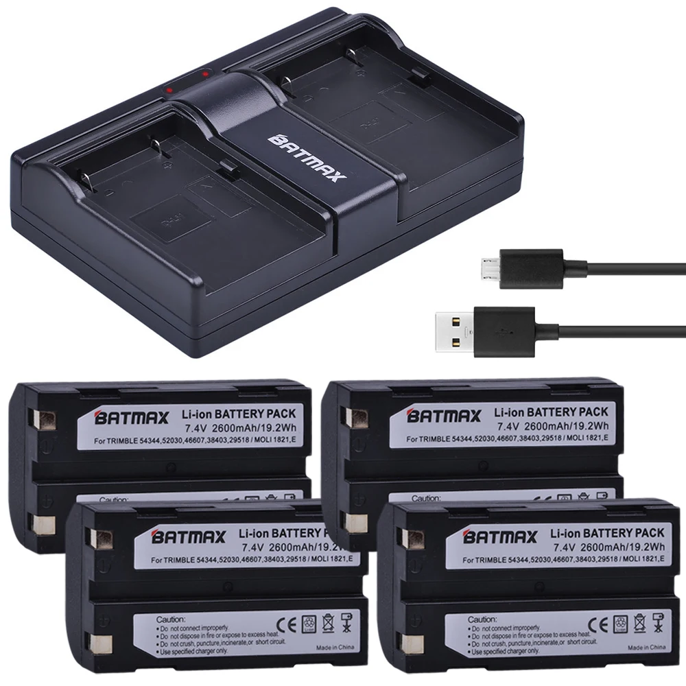 4Pcs 7.4V 2600mAh Battery + Dual USB Charger for Trimble 54344 Battery Trimble TR-R8 Trimble 5700 5800MT1000R7R8 GPS Receiver