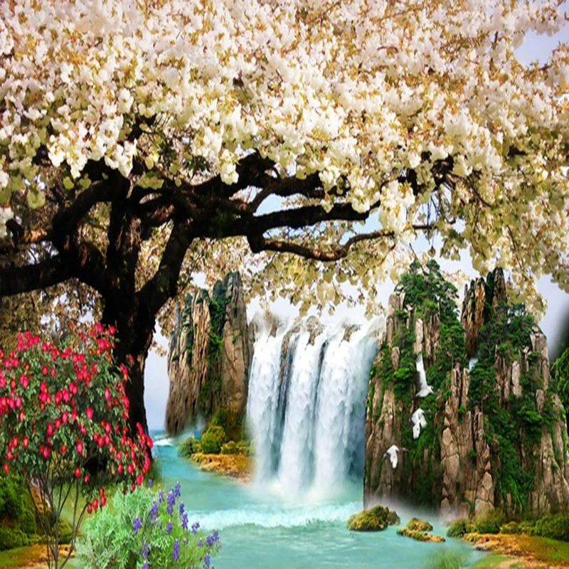 На заказ любой размер фрески 3D природа обои современный вишневый цвет дерево пейзаж с водопадами настенная живопись гостиная домашний декор