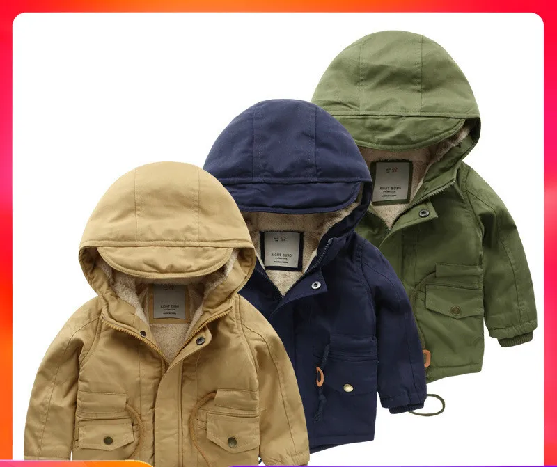 

autumn winter children's clothing long sleeves drawstring waist design pure color hooded zipper sport boys trench coat