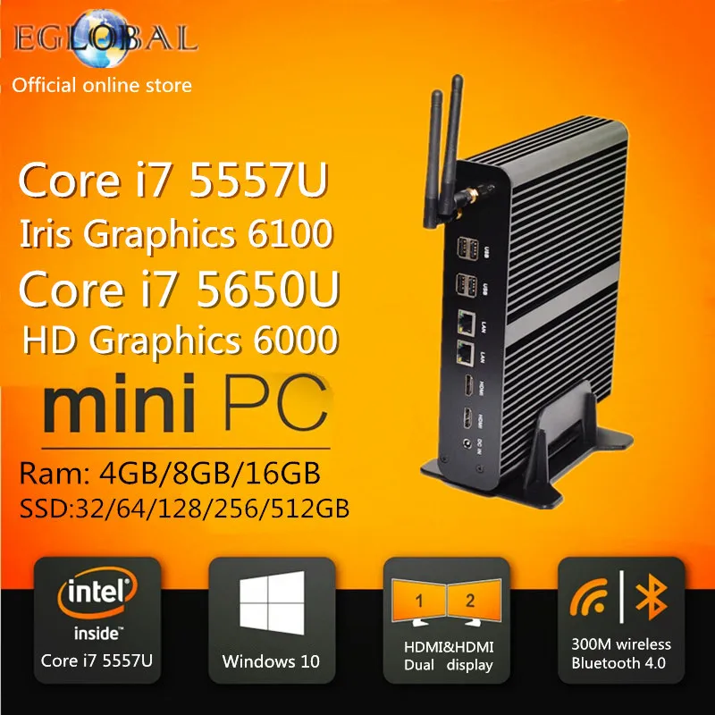  [Intel Core i7 5500U Graphics HD 5500 i7 4558U Iris 5100] Mini pc Windows 10 Fanless Computador TV Box 4K HD Display HTPC 