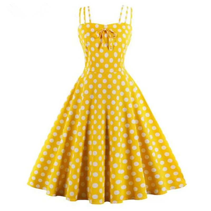 

4XL 2018 Summer spaghetti strap marilyn monroe vintage dress yellow polka dots high waist bowknot swing dress