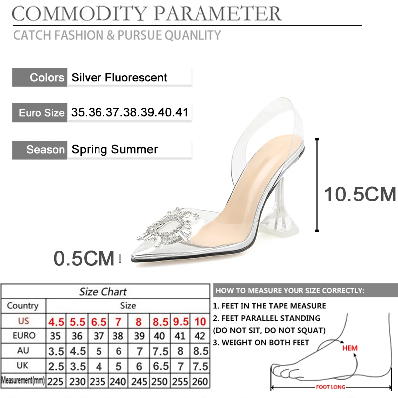 BYQDY/Милая прозрачная обувь; женские босоножки с острым носком; неоновые слинбэки; туфли-лодочки; прозрачные туфли на высоком каблуке со стразами; большие размеры