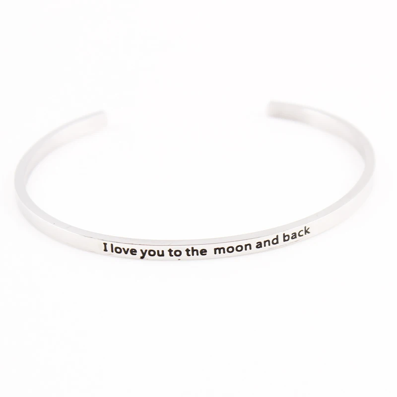 

I love you to the moon and back Stainless Steel Engraved Positive Inspirational Quote Cuff Mantra Bracelet Bangle For Women