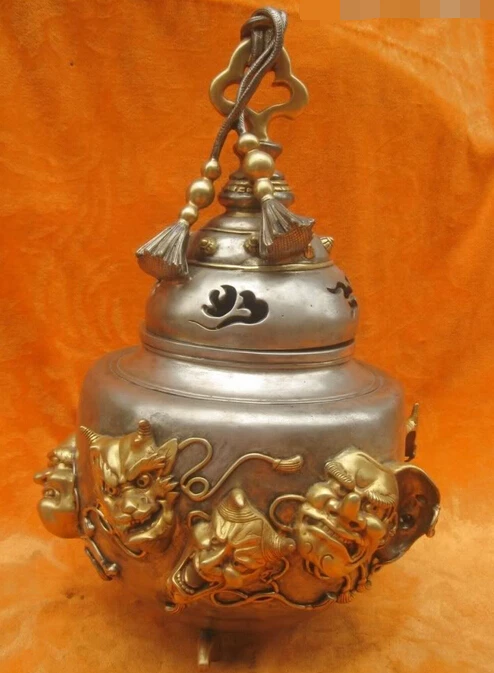 

R0722 Details about 15" China Bronze Gold silver Buddha censer Incense Burner Sculpture statue (B0328)