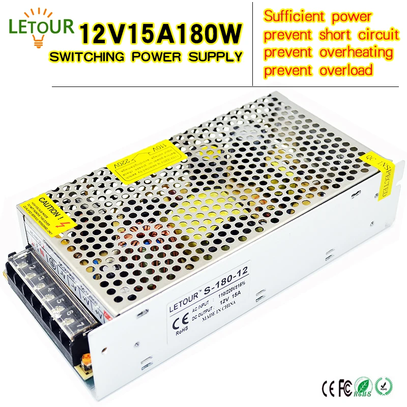 

DC Power Supply 12V 15A Adapter AC110V-220V Transformer 12V 180W LED Driver AC-DC Switching Power Supply for LED Strip CE FCC