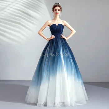 

2019 New Banquet Elegant Evening Dress Strapless Simple Navy Blue Gradient Color Floor-length Prom Formal Gowns Vestido De Festa