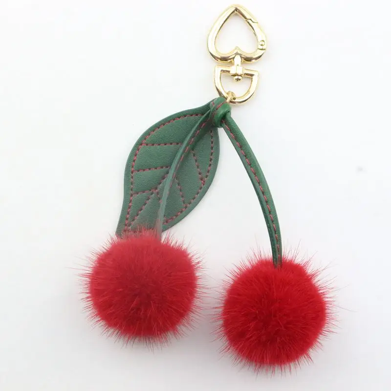 

Mink Fur Pom pom Keychain Fruit Cherry Balls Keyring Bag Charm Fluffy Bag Pendant Pom-Pom Key chains heart chaveiro Women Gift