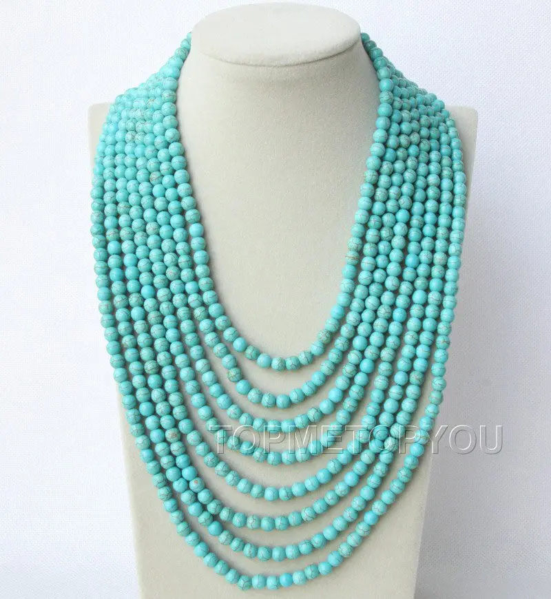 

wholesale 8rows 6mm round blue turqouise necklace 925ss clasp