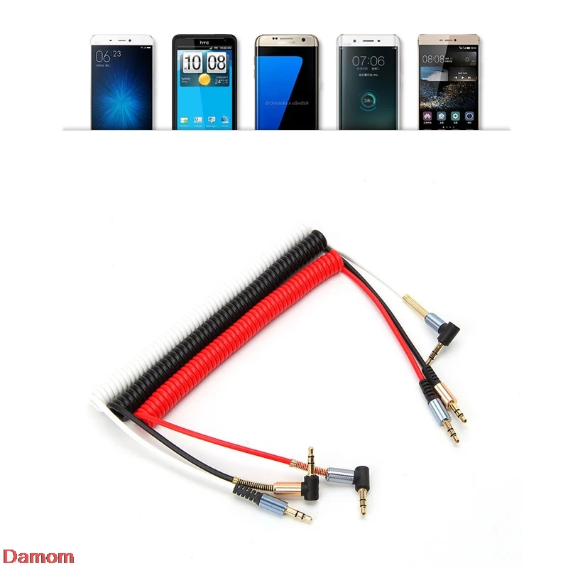 

1M 3.5mm Male To Male Spring Car Aux Cord Right Angle Audio Cable For Phone PC