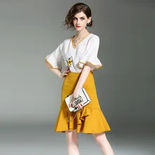 2017 new brand runway women summer 2 piece suits v-neck cotton embroidery white shirt elastic waist package hip fishtail skirts