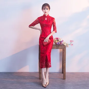 

2018 Red Chinese Wedding Dress Female Long Short Sleeve Cheongsam Slim Chinese Traditional Dress Women Qipao for Wedding Party