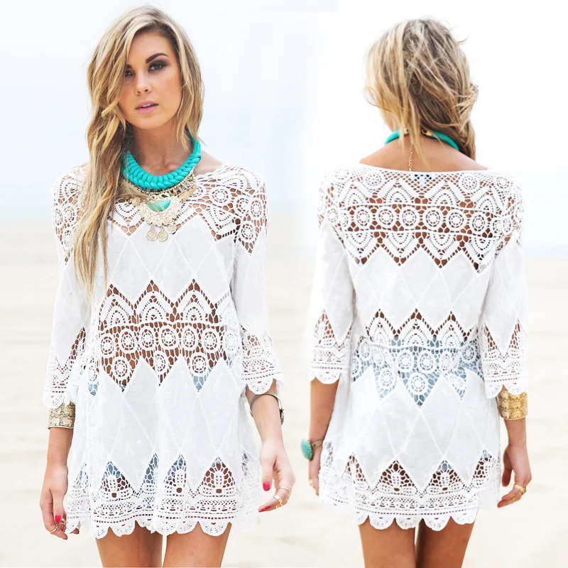 

White Lace Bikini Cover Up Loose Floor Length Beach Dress Swimsuit Cover-up Dress Cover-ups Beach Tunic Wear 2019