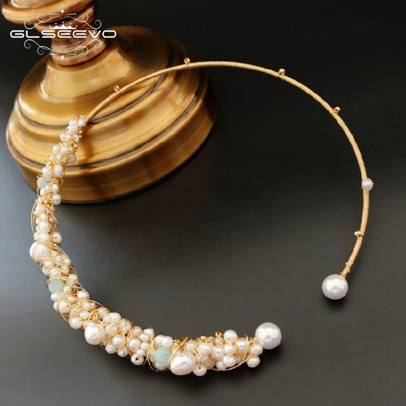 

XlentAg Natural Blue Stone Fresh Water Pearl Chokers Necklaces For Women Necklaces Luxury Fine Jewellery Bisuteria Mujer GN0050