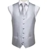 MJ-0001 Hi-Tie Men Vest Silk Waistcoat Vest High Quality Handkerchief Cufflinks Tie Vests Set Silver Grey Solid Vests for Mens 3