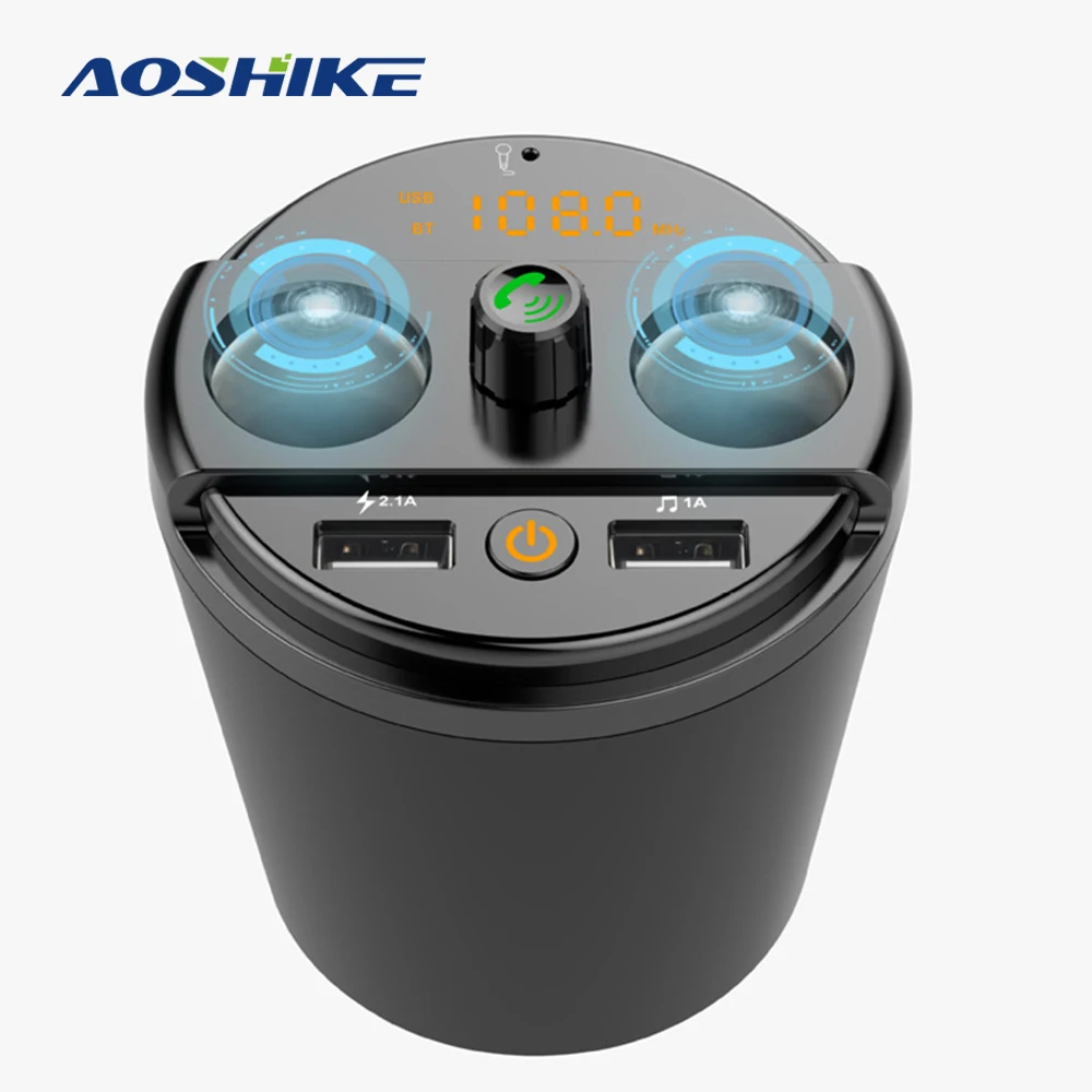 AOSHIKE FM Transmitter Bluetooth Car Music MP3 Player Free Hands Cup Holder Car Cigarette Kit Light weight 2 USB Car Charger