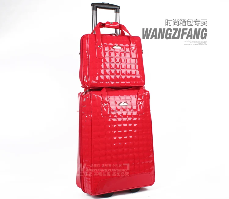 Women Patent Leather Plaid Travel Luggage Set Ladies Wedding Married