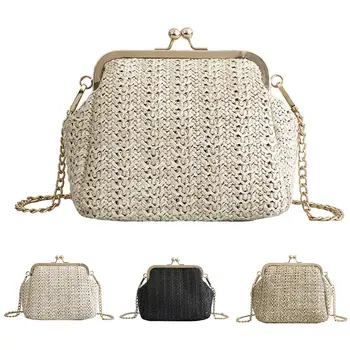 

Hot Summer Beach Women Kiss Lock Straw Woven Chain Crossbody Shoulder Bag