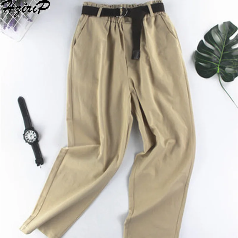 Hzirip High Elastic Waist Cargo Pants Loose Casual Bow Belt Foot Harlan
